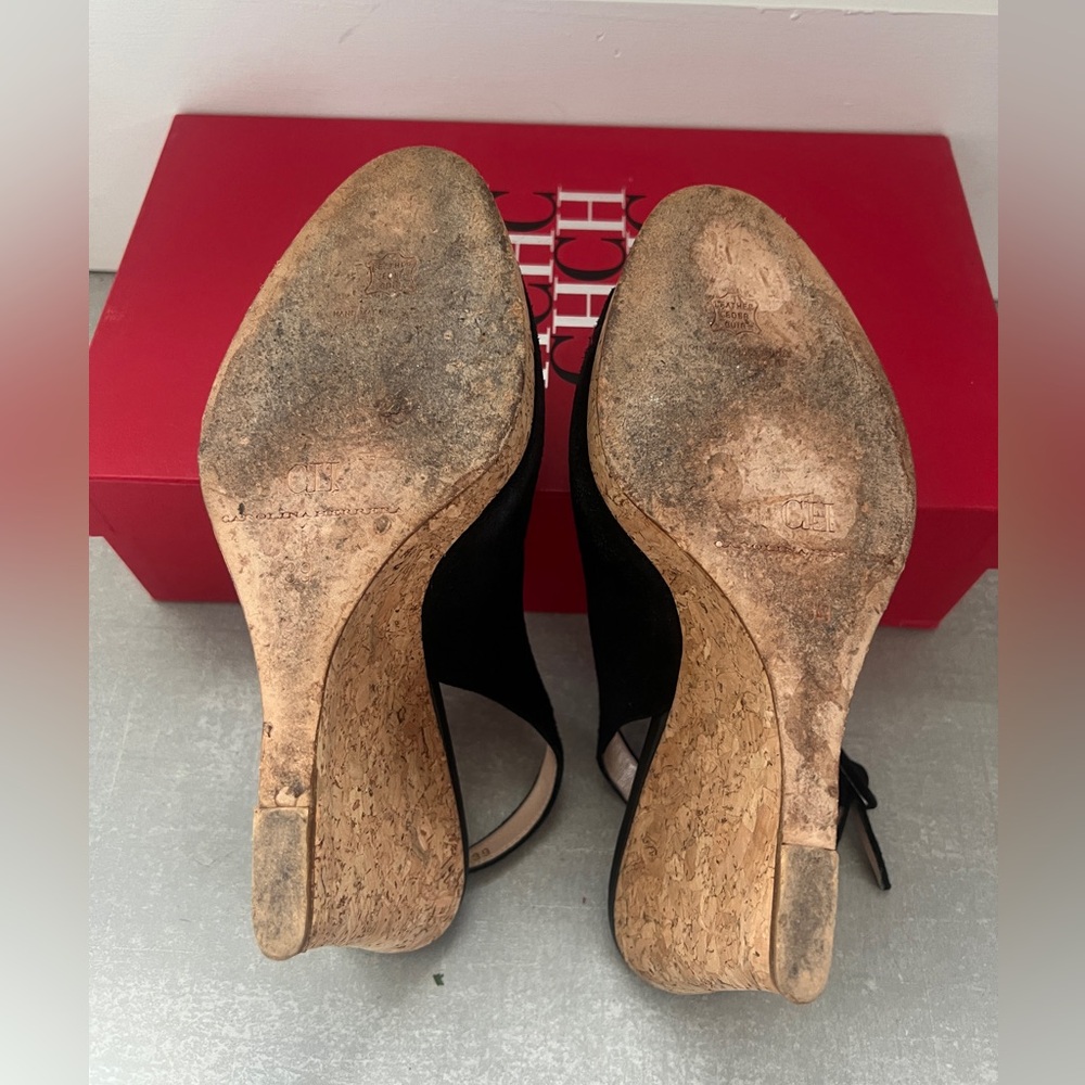 AUTHENTIC. Carolina Herrera BLACK SUEDE Wedge 100mm Ankle Strap Sling-back. - Picture 10 of 14